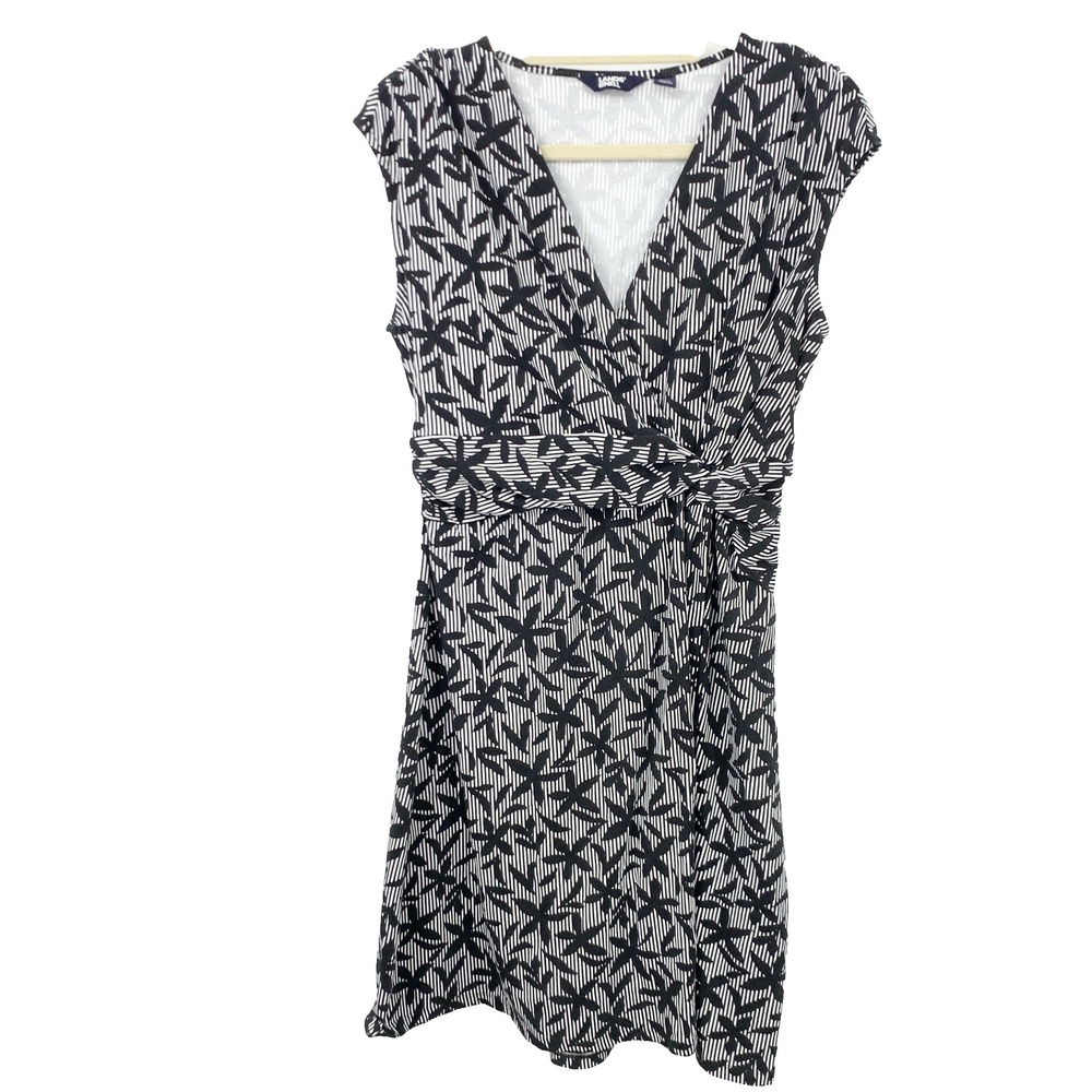Lands End Women‎ Size Medium 10 12 Dress Black White Floral Print Stretch V neck